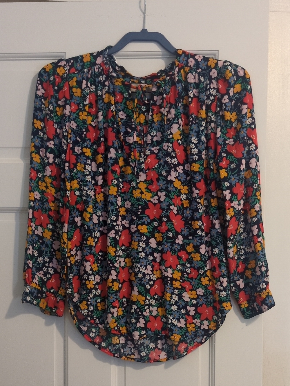LOFT Navy Floral Long-Sleeve Peasant Blouse